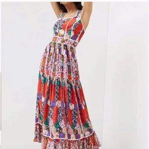 Square Neck Floral Peasant Boho Modern Hippie Farm Hipster Patchwork Maxi Dress